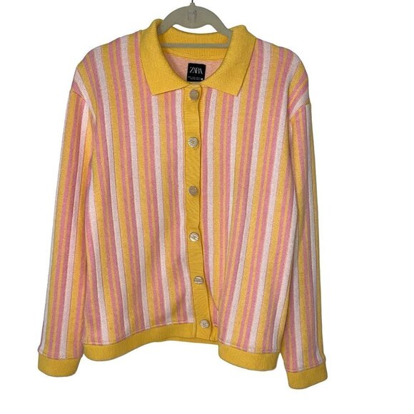 Zara Sweaters - Zara Womens Cardigan Size Small Button Front Long Sleeve Yellow Pink Striped
